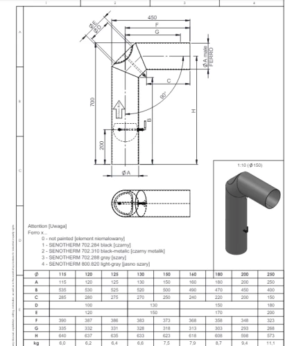 Kolano 90° fi150 czarne z przedłużeniem, szybrem i wyczystką gr. 2mm