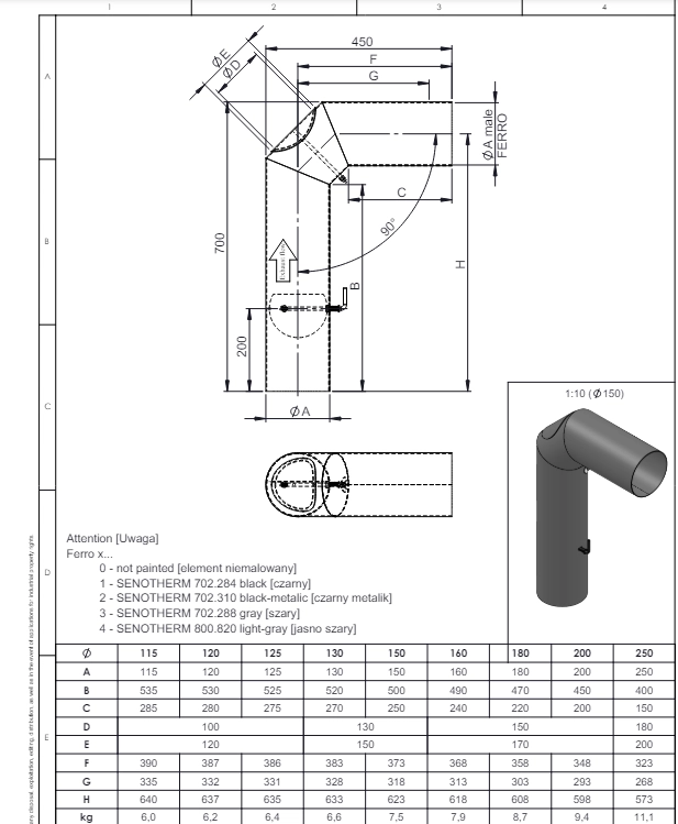 Kolano 90° fi150 czarne z przedłużeniem, szybrem i wyczystką gr. 2mm