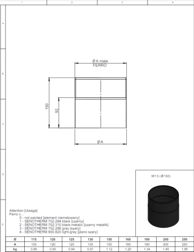 Rura 150mm fi130 czarna gr. 2mm przyłączeniowa