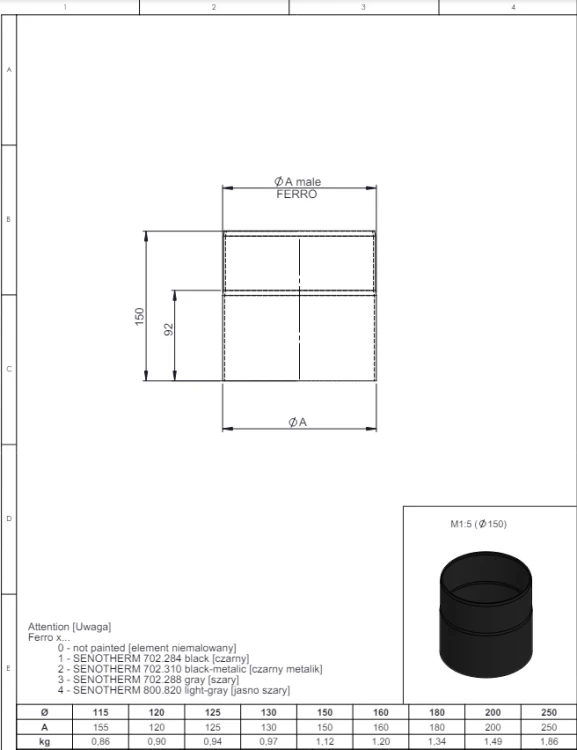 Rura 150mm fi130 czarna gr. 2mm przyłączeniowa