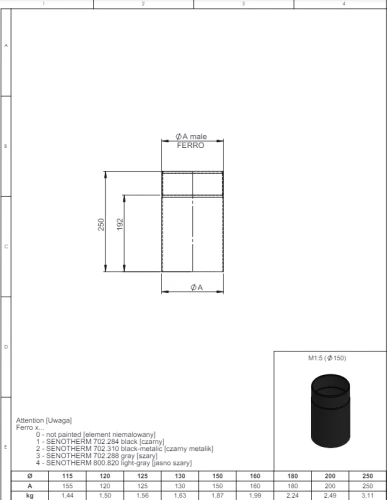 Rura 250mm fi160 czarna gr. 2mm przyłączeniowa