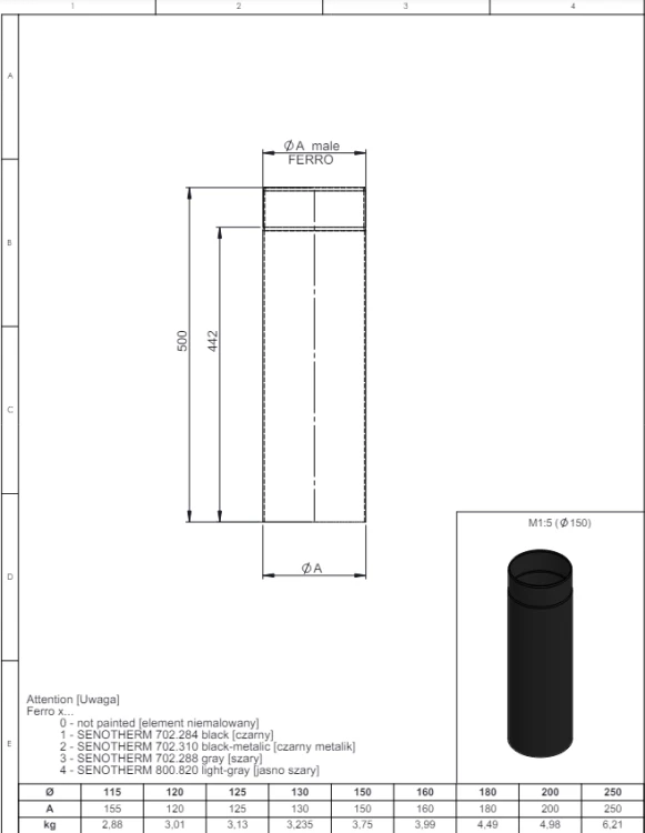 Rura 500mm fi120 czarna gr. 2mm przyłączeniowa