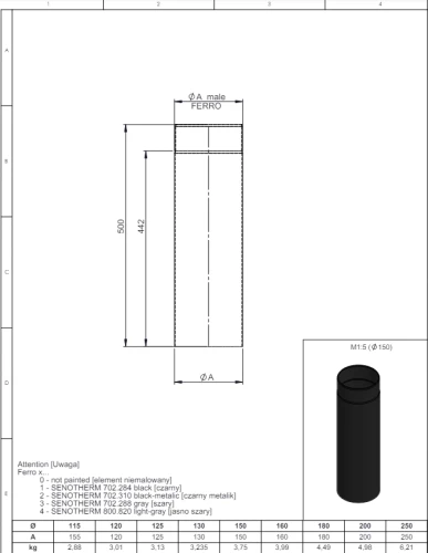 Rura 500mm fi130 czarna gr. 2mm przyłączeniowa