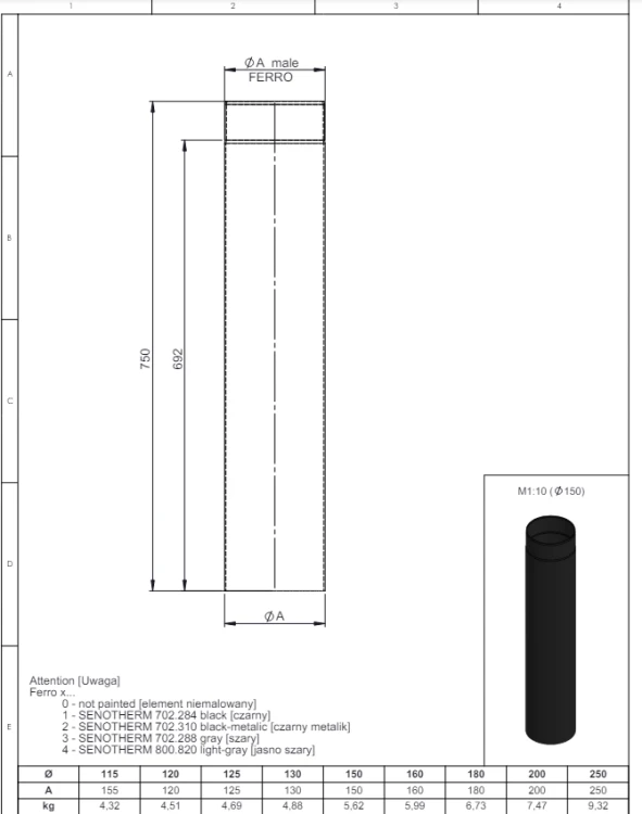 Rura 750mm fi120 czarna gr. 2mm przyłączeniowa
