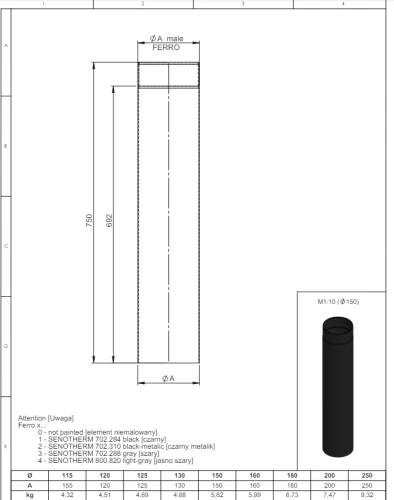 Rura 750mm fi150 czarna gr. 2mm przyłączeniowa