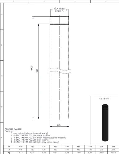 Rura 1000mm fi180 czarna gr. 2mm przyłączeniowa