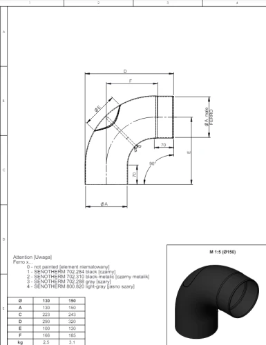Kolano 90° fi150 łukowe czarne gr. 2mm przyłączeniowe