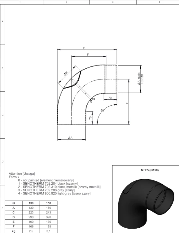 Kolano 90° fi150 łukowe czarne gr. 2mm przyłączeniowe