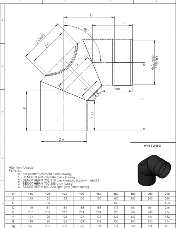 Kolano 90° fi160 z rewizją czarne gr. 2mm przyłączeniowe