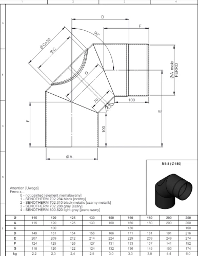 Kolano 90° fi180 z rewizją czarne gr. 2mm przyłączeniowe