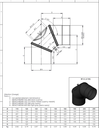 Kolano regulowane 0-90° fi160 z rewizją czarne gr. 2mm przyłączeniowe